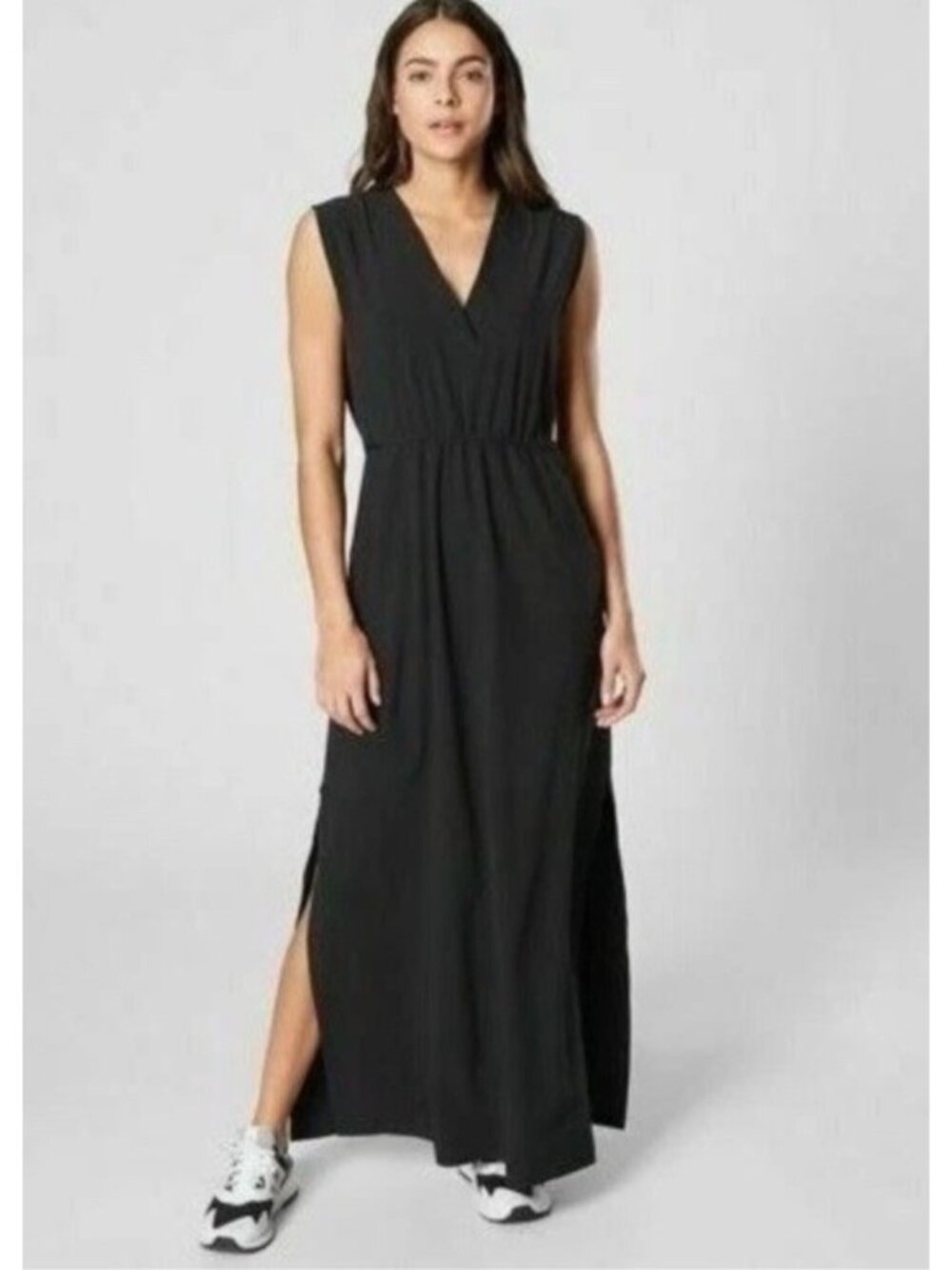 Athleta Marlow Maxi Dress Women’s LP Petite Black Sleeveless V-Neck Slit Stretch